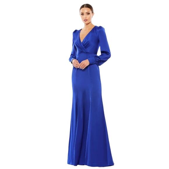 MAC DUGGAL Dress Size 8 Evening Gown Satin Ruched Bishop Sleeve NEW Royal Blue - Picture 1 of 7